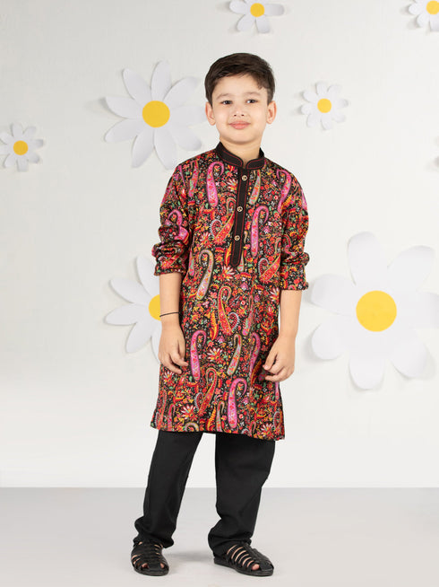 Boy's Black Kurta Pyjama Set With Paisley Print