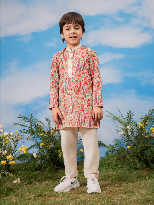 Boy's Cream Crepe Kurta And Pyjama Set