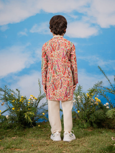 Boy's Cream Crepe Kurta And Pyjama Set