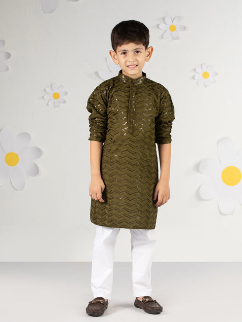 Boy's Mehendi Green Kurta Pyjama Set With Sequin Work