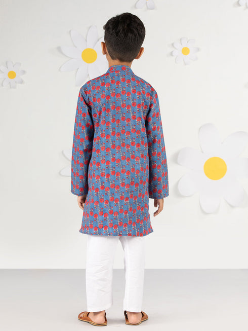 Boy's Blue Kurta Pyjama Set With Kantha And Floral Print