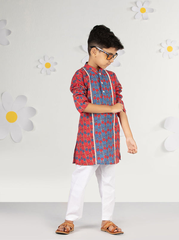 Boy's Red Kurta Pyjama Set With Kantha And Floral Print