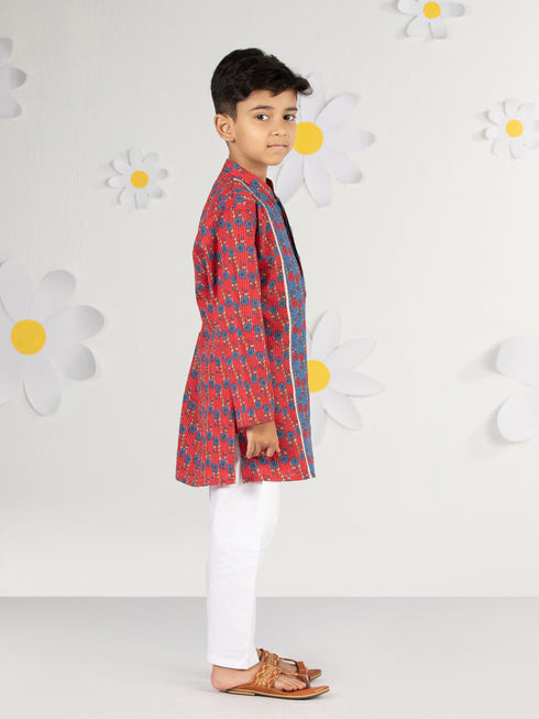 Boy's Red Kurta Pyjama Set With Kantha And Floral Print