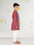 Boy's Red Kurta Pyjama Set With Kantha And Floral Print
