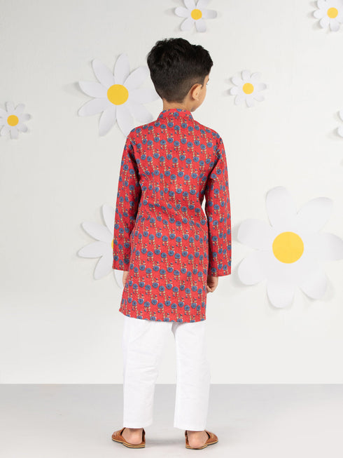 Boy's Red Kurta Pyjama Set With Kantha And Floral Print