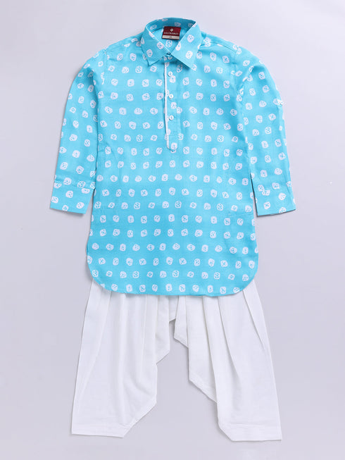 Boy's Aqua Floral Linen Slub Kurta Patiala Set