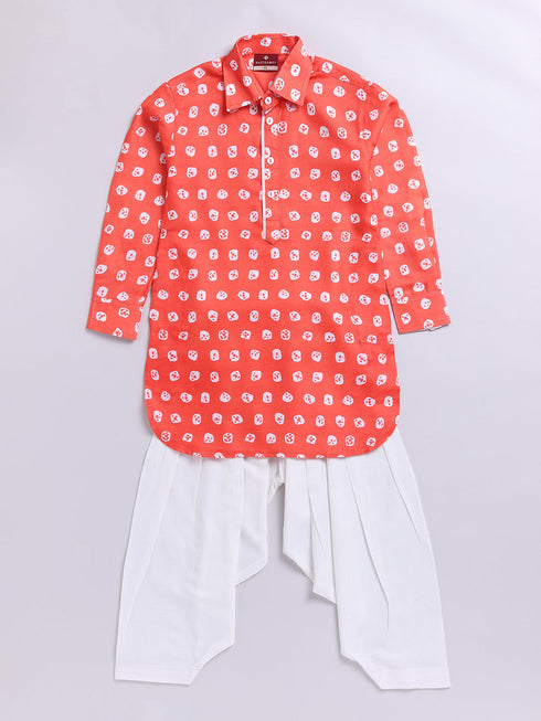 Boy's Orange Floral Linen Slub Kurta Patiala Set