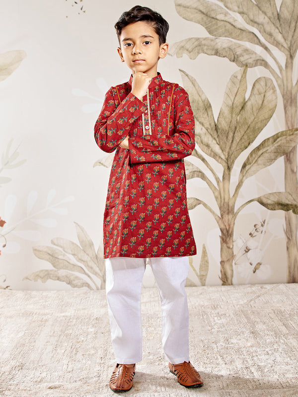 Boy's Red Cotton Kurta Pyjama Set