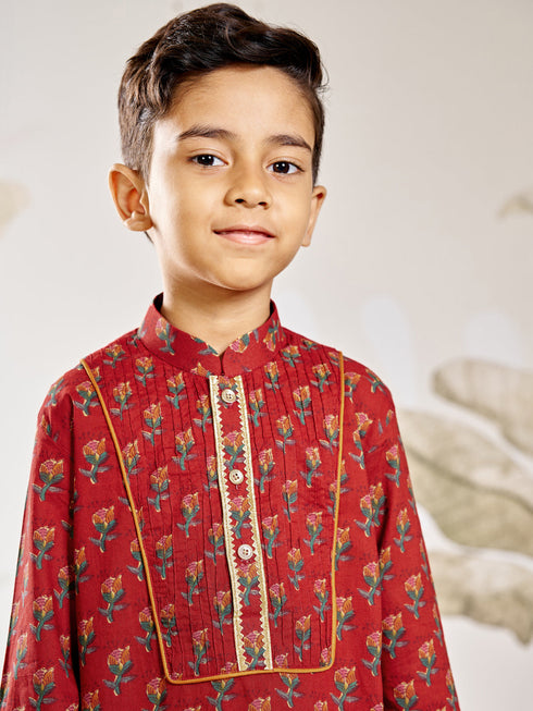 Boy's Red Cotton Kurta Pyjama Set
