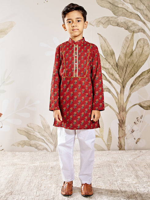 Boy's Red Cotton Kurta Pyjama Set