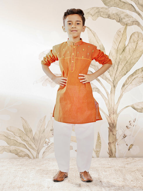 Boy's Orange Cotton Kurta Pyjama Set