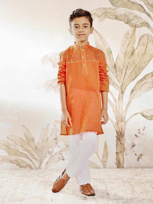 Boy's Orange Cotton Kurta Pyjama Set