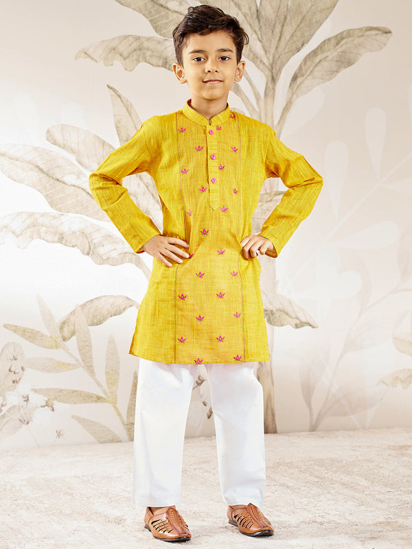 Boy's Mustard Embroidered Cotton Kurta Pyjama Set