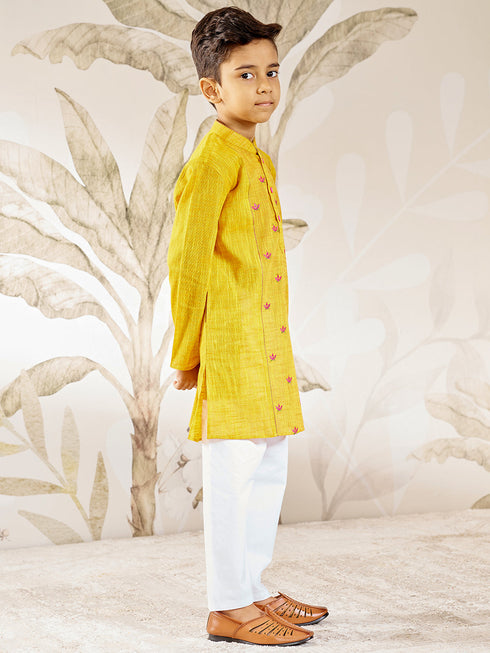 Boy's Mustard Embroidered Cotton Kurta Pyjama Set