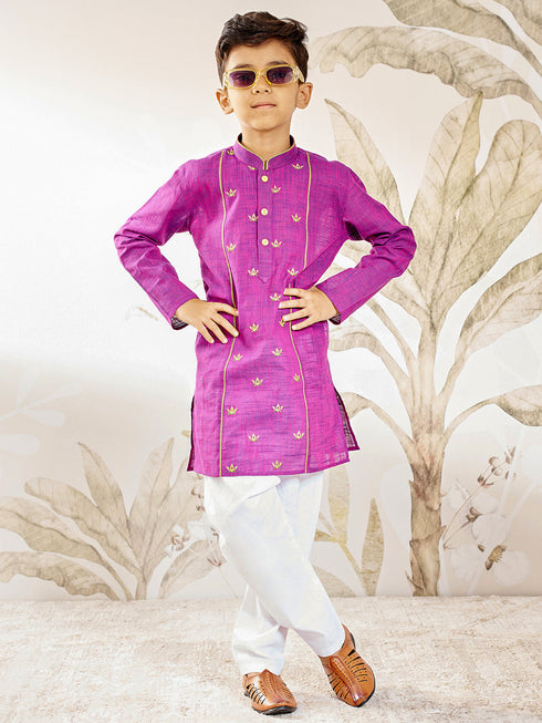 Boy's Purple Embroidered Cotton Kurta Pyjama Set