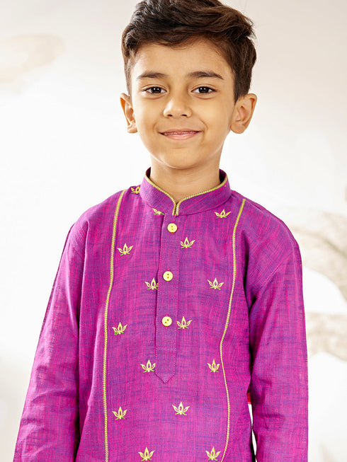 Boy's Purple Embroidered Cotton Kurta Pyjama Set