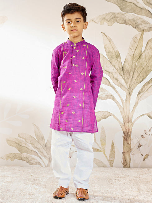 Boy's Purple Embroidered Cotton Kurta Pyjama Set