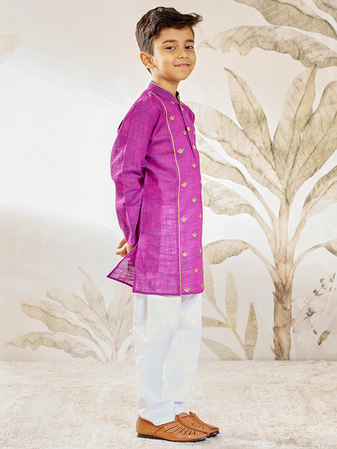 Boy's Purple Embroidered Cotton Kurta Pyjama Set