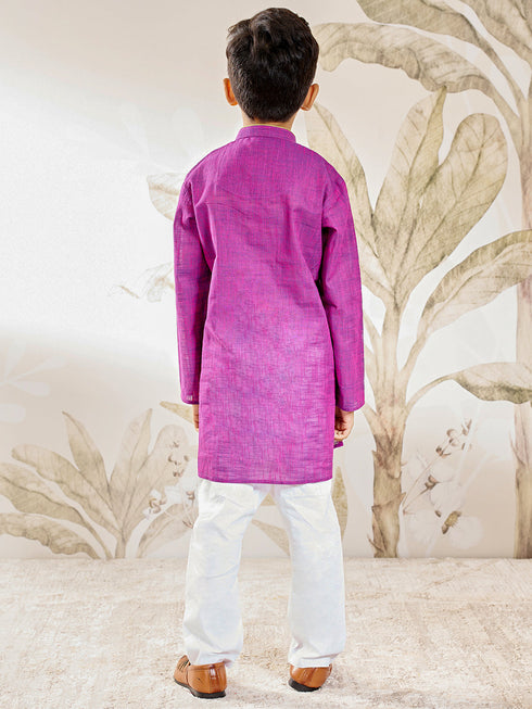Boy's Purple Embroidered Cotton Kurta Pyjama Set
