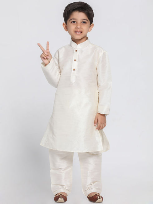Boys' Cream Cotton Silk Blend Kurta and Pyjama Set