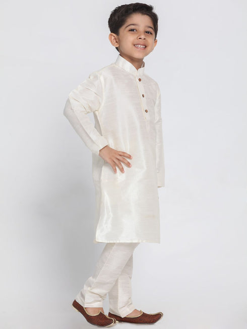 Boys' Cream Cotton Silk Blend Kurta and Pyjama Set