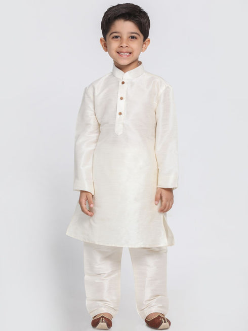 Boys' Cream Cotton Silk Blend Kurta and Pyjama Set
