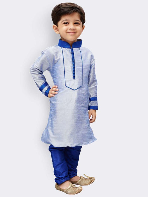 Boys' Light Blue Cotton Silk Kurta and Pyjama Set