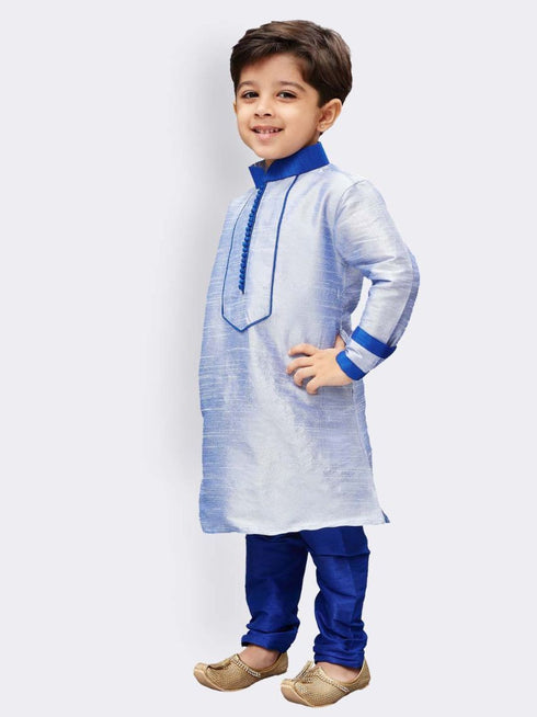 Boys' Light Blue Cotton Silk Kurta and Pyjama Set