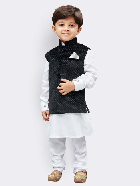 VASTRAMAY Boys' White Cotton Kurta, Waistcoat and Pyjama Set