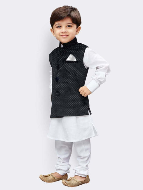 VASTRAMAY Boys' White Cotton Kurta, Waistcoat and Pyjama Set