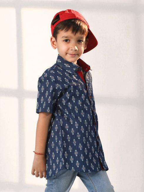 Boy's' Navy Blue Ethnic Shirt