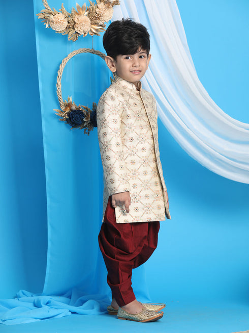 Boy's Gold And Maroon Sherwani Set