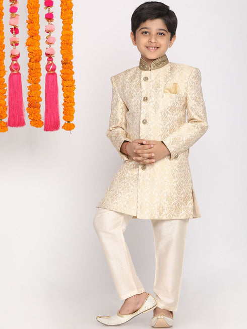 Boy's Beige & Cream-Coloured Slim-Fit Sherwani Set