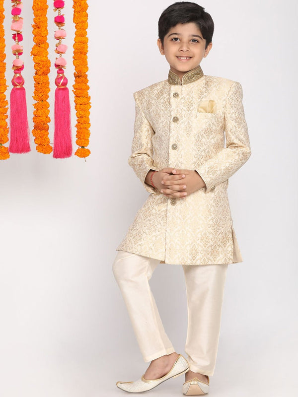 Boy's Beige & Cream-Coloured Slim-Fit Sherwani Set