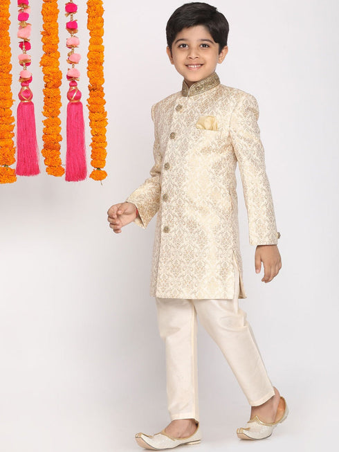 Boy's Beige & Cream-Coloured Slim-Fit Sherwani Set
