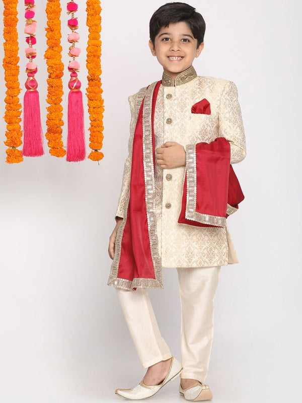 Boy's Beige & Cream Woven Design Sherwani Set With Maroon Dupatta