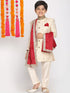 Boy's Beige & Cream Woven Design Sherwani Set With Maroon Dupatta