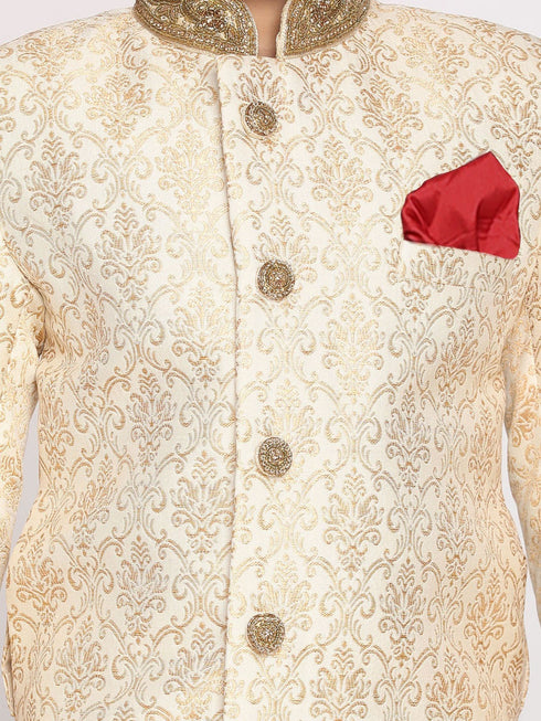 Boy's Beige & Cream Woven Design Sherwani Set With Maroon Dupatta