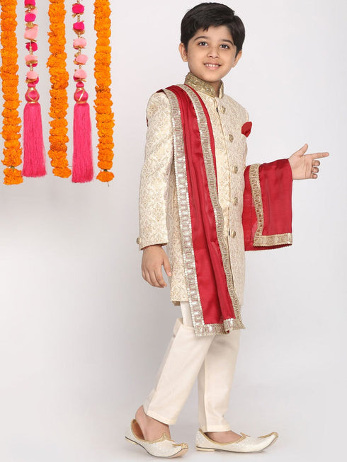 Boy's Beige & Cream Woven Design Sherwani Set With Maroon Dupatta