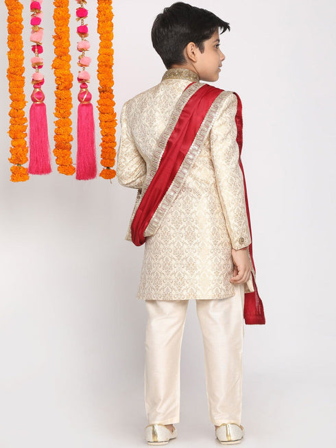 Boy's Beige & Cream Woven Design Sherwani Set With Maroon Dupatta