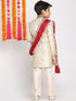 Boy's Beige & Cream Woven Design Sherwani Set With Maroon Dupatta