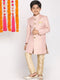 Boy's Pink & Gold-Colored Woven-Design Brocade Slim Fit Sherwani Set