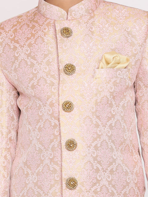 Boy's Pink & Gold-Colored Woven-Design Brocade Slim Fit Sherwani Set