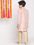 Boy's Pink & Gold-Colored Woven-Design Brocade Slim Fit Sherwani Set