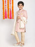 Boy's Pink & Gold-Colored Woven-Design Brocade Slim Fit Sherwani Set With Cream Colour Dupatta