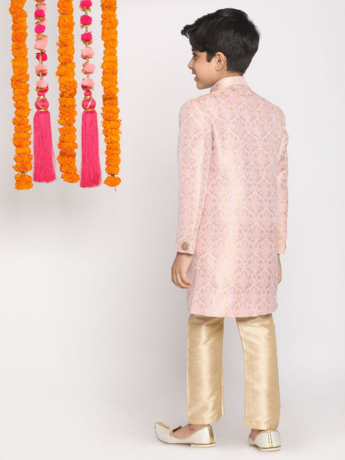 Boy's Pink & Gold-Colored Woven-Design Brocade Slim Fit Sherwani Set With Cream Colour Dupatta