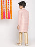 Boy's Pink & Gold-Colored Woven-Design Brocade Slim Fit Sherwani Set With Cream Colour Dupatta