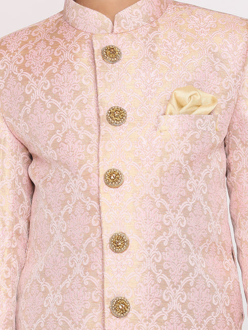 Boy's Pink & Gold-Colored Woven-Design Brocade Slim Fit Sherwani Set With Cream Colour Dupatta