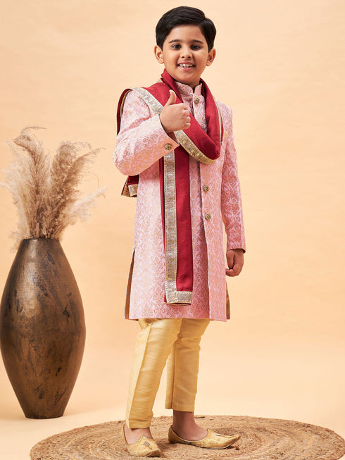 Boy's Pink & Gold-Colored Woven-Design Brocade Slim Fit Sherwani Set With Maroon Color Dupatta