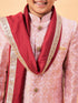 Boy's Pink & Gold-Colored Woven-Design Brocade Slim Fit Sherwani Set With Maroon Color Dupatta